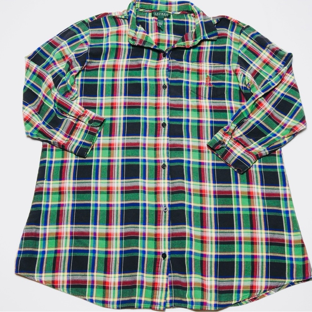 VTG Lauren Ralph Lauren Madras Plaid Top Womens XL Button Up‎ 3/4 Sleeve